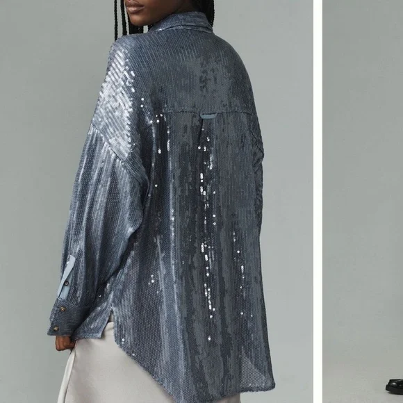 Pilcro- NWT Anthropologie Sequin Blue Button Down Long-sleeve Shirt - Picture 5 of 8